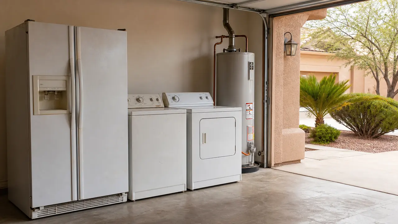 Old appliances in a garage ready for junk removal pickup