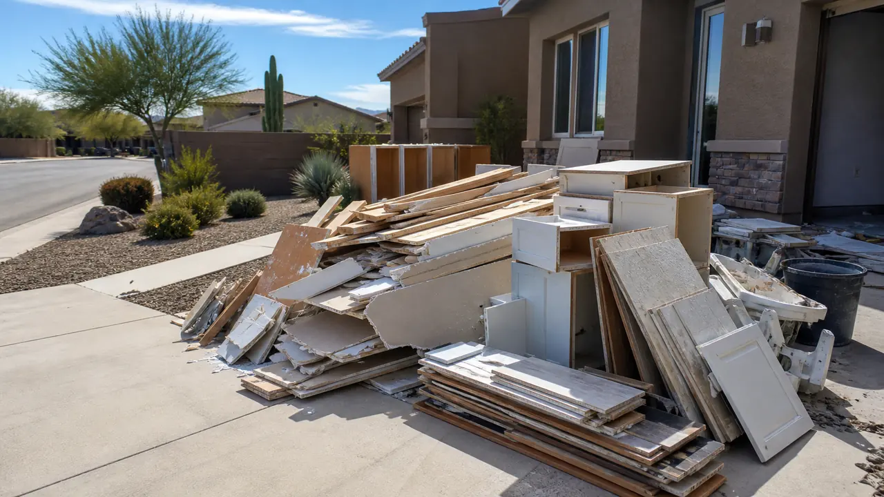 Construction debris and cabinets staged on a driveway for pickup