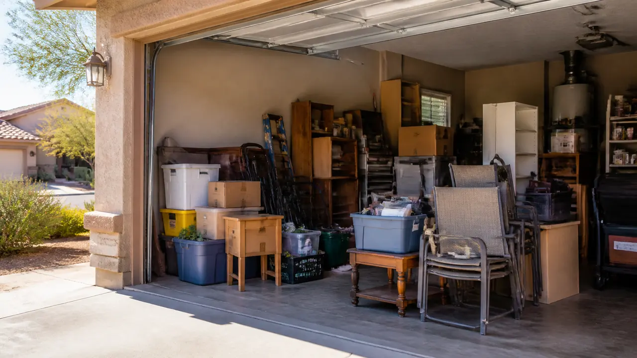 Garage and household cleanout items organized for junk removal pickup