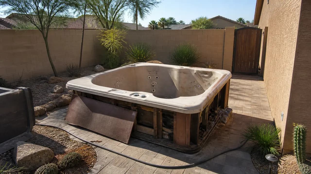 Old drained hot tub in a Phoenix backyard ready for removal