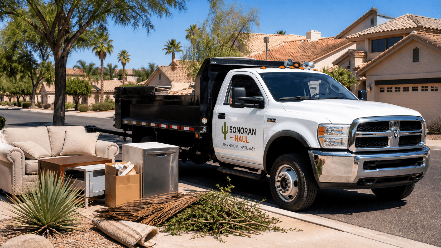 Junk removal truck staged for curbside pickup in a Phoenix neighborhood